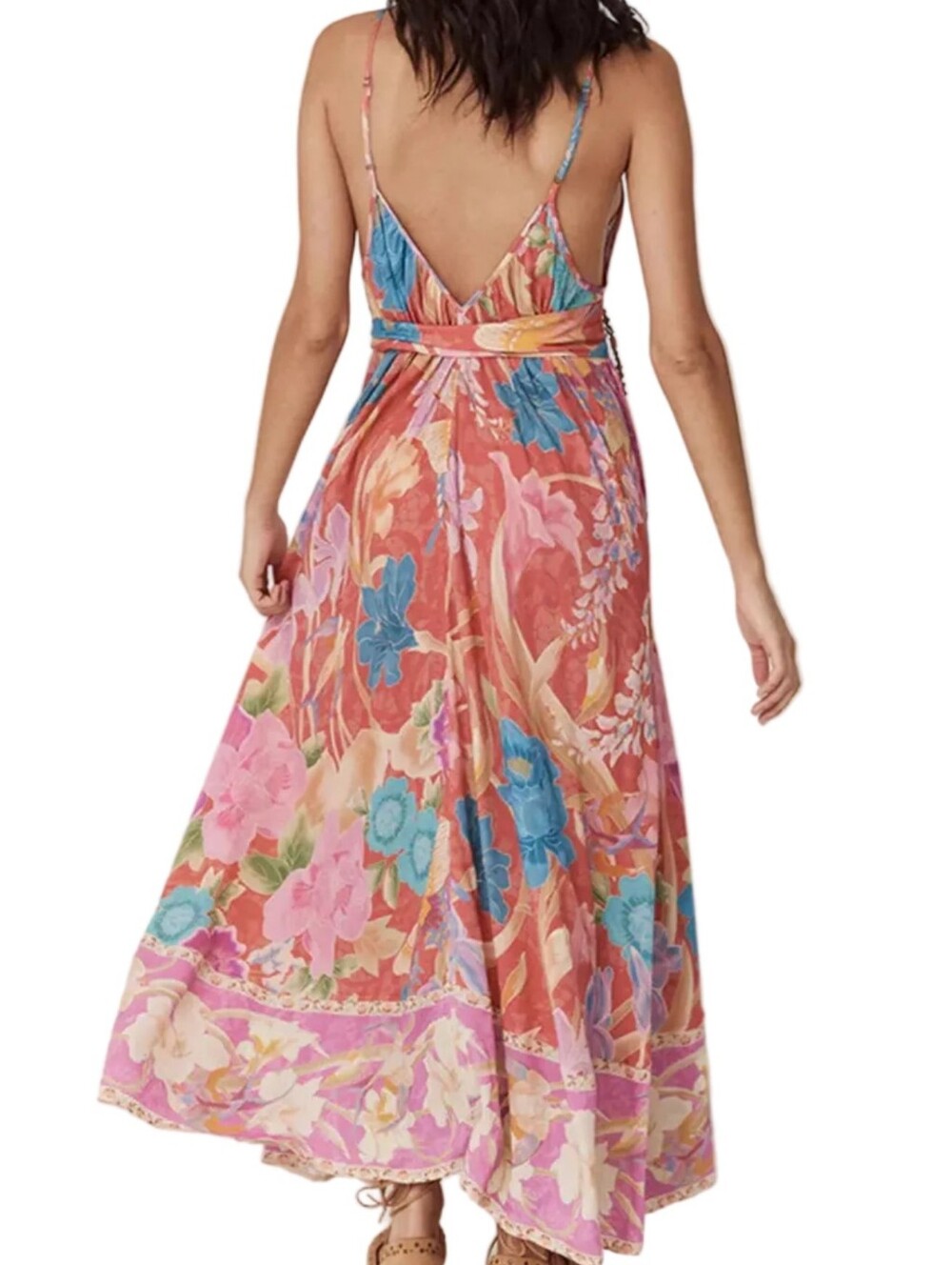 Tie Waist Belted Bright Contrasting Floral V-Neck Open Back Spaghetti Strap Maxi - Picture 3 of 11